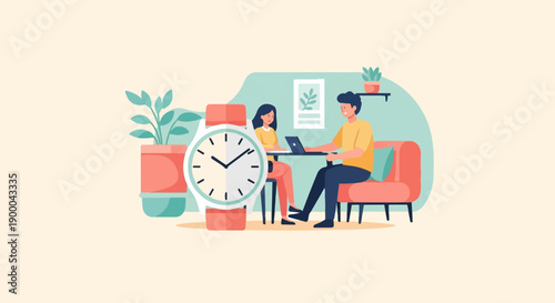 Couple working on laptops at a table with a large wristwatch in the foreground