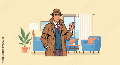 Detective in trench coat smoking, in a living room