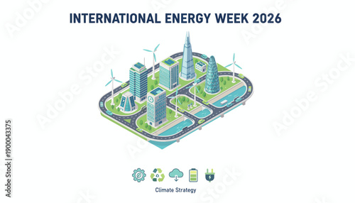 Sustainable cityscape illustration showcasing clean energy and eco-friendly infrastructure during International Energy Week 2026