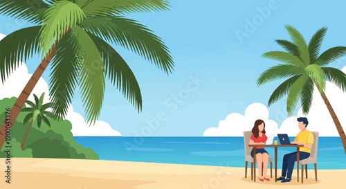 Couple working on laptops at beach tables under palm trees