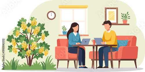 Couple working on laptops at table near flowering bush