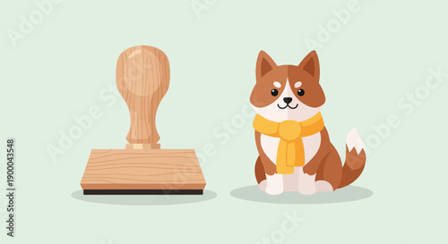 Cute cartoon dog with yellow scarf next to a wooden stamp