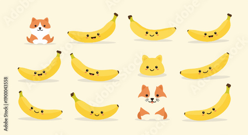 Cute cartoon dogs, cats, and bananas with happy faces on a light background
