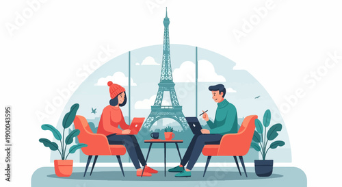 Couple working on laptops in a cafe with Eiffel Tower view
