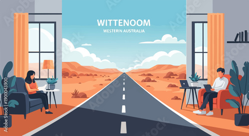 Desert highway viewed from indoors with people working remotely