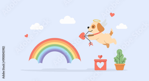 Cute dog angel with bow & arrow flies by rainbow, heart gift, plant