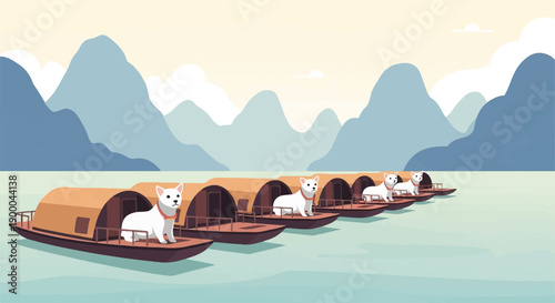 Cute dogs on boats floating on a calm lake with mountains backdrop
