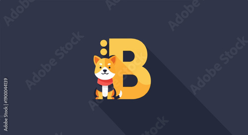 Cute dog with scarf sits beside large yellow letter B