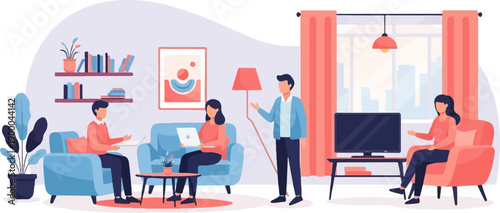 Cozy living room scene with people interacting, working and relaxing