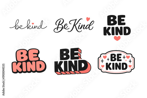 Creative 'be kind' typography designs with heart elements