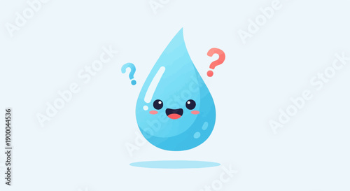 Cute water drop character with question marks, looking confused