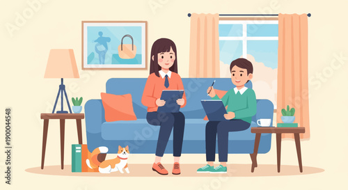 Cozy living room session with two people and a dog