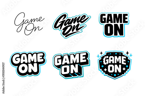 Diverse "game on" typography designs in various bold styles