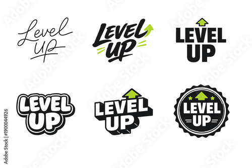 Collection of level up logos featuring green arrows and bold typography