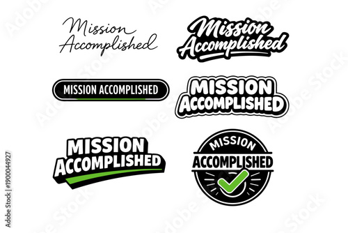 Mission accomplished badge collection with check symbol and bold lettering