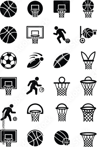 A collection of black and white vector icons representing various sports and equipment