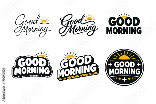 Variety of good morning text designs with sun icons and bold lettering