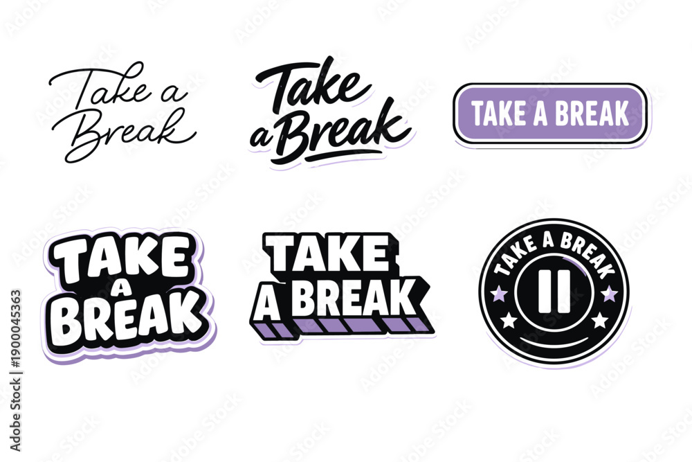 Fototapeta premium Variety of 'take a break' sticker designs in black and purple