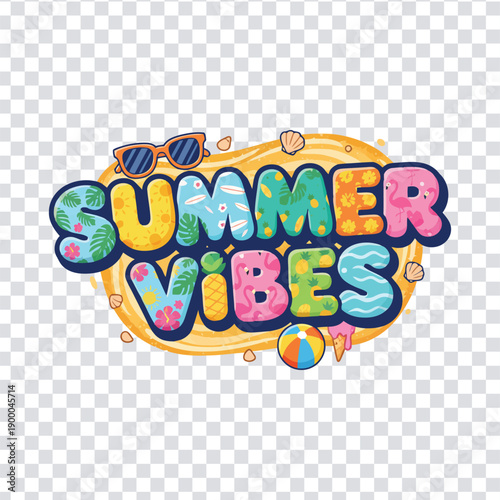 Colorful summer vibes text with sunglasses and beach elements