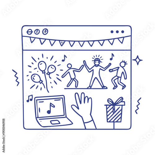 People celebrating online with music and gifts in a festive digital scene