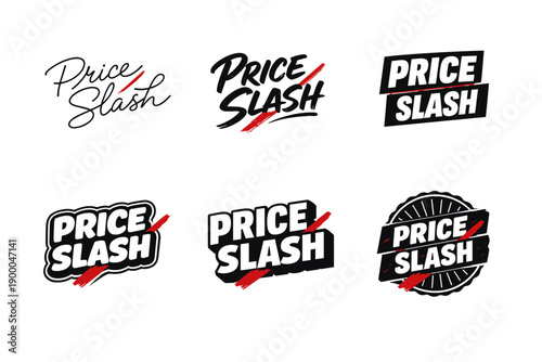 Collection of 6 bold 'price slash' logos with creative typography and red accents