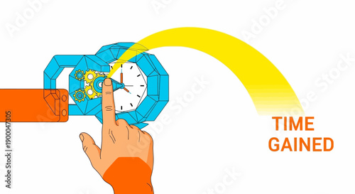 Time Gained concept with hand manipulating gear mechanism on a stylized clock. Productivity optimization and effective time management.