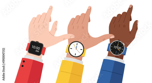 Diverse Hands Wearing Analog and Digital Smartwatches. Concept of Time Management, Technology Choice, and Synchronization.