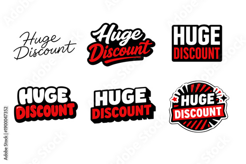 Huge discount text designs in various font styles and colors