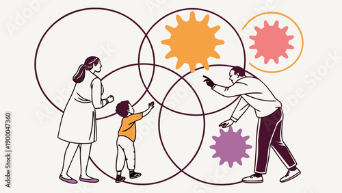 Family interacting with colorful germs and overlapping circles representing health and hygiene concepts in a modern flat vector illustration