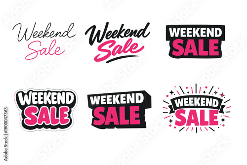 Stylish weekend sale logos in bold pink and black variations