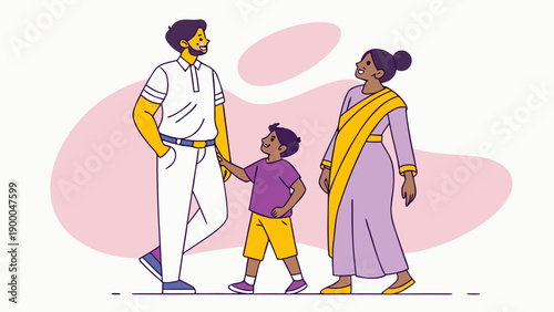 Happy indian family walking together in traditional clothing smiling and holding hands cultural diversity and love