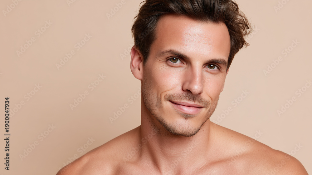 Naklejka premium Sun kissed glow warm tint male temples pastel cream bare chest confident smile soft lighting natural skin tone