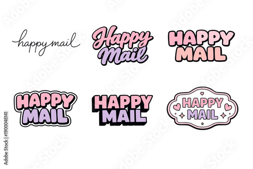 Colorful 'happy mail' designs in pink and purple variations