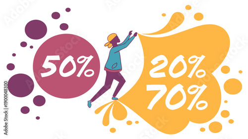 Woman jumping on colorful discount percentages vibrant abstract background with purple and yellow shapes