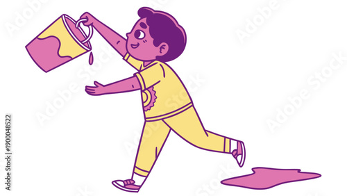 A young indian child in yellow clothing playfully spills pink paint from a bucket running with a carefree expression on a white background