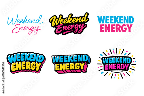 Colorful weekend energy logos in various bold, playful styles