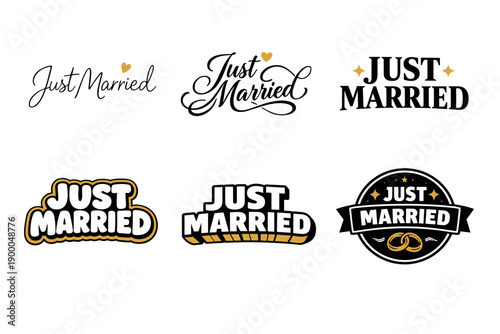 Collection of six stylish just married designs in various fonts and styles