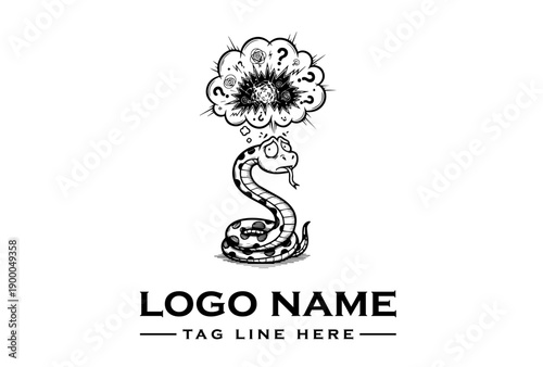 A black and white vector illustration of a snake with a surreal illness-themed flower head, forming a logo with a text placeholder for 'LOGO NAME' and 'TAG LINE HERE' on a clean background.