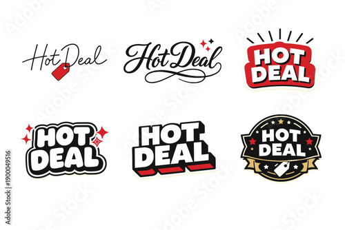 Collection of six hot deal logos with various design styles and typography