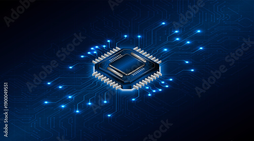 Microchip processor circuit board technology on dark blue background. Information Processing Concept. Circuit board hi-tech technology background. vector illustration