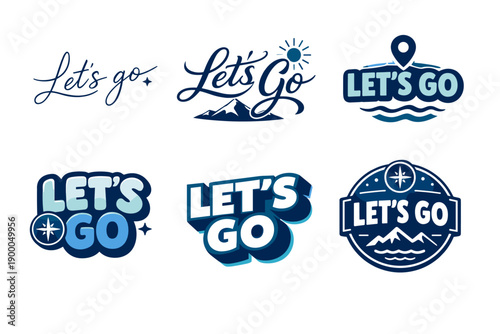 Diverse designs of 'let's go' logos with adventure and travel themes