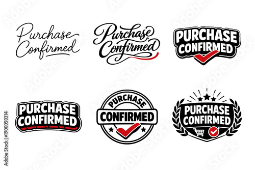 Set of purchase confirmed badges with check marks and decorative elements