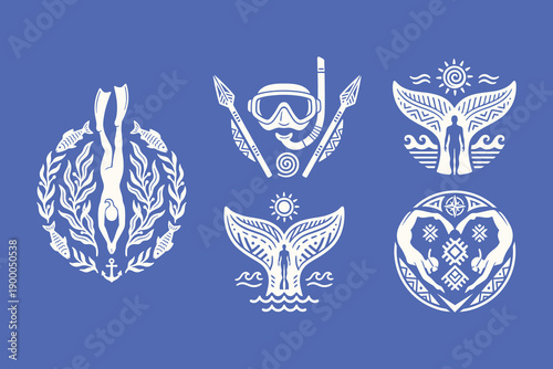 Abstract Tribal Ocean Adventure and Diving Vector Icon Set