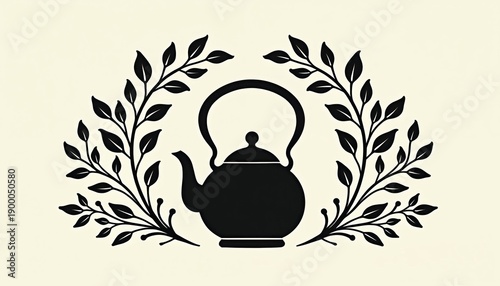Black tea kettle graphic with symmetrical leaf branches. Classic kitchenware illustration for beverage, culinary, or home decor branding. Elegant, simple design.