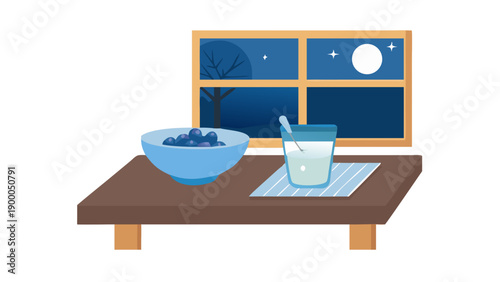 A quiet, atmospheric Suhoor setting at 4 AM. A wooden table near a window showing the pre-dawn blue light, featuring a bowl of yogurt, honey, olives, and a glass of water. No text.