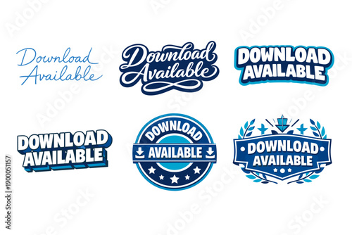 Variety of download available labels and badge designs in blue and white