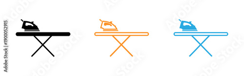 Ironing board and iron icons in black orange and blue