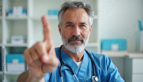 Older male doctor in blue scrubs shakes finger, saying no. Experienced physician with grey beard and stethoscope warns patient or colleague. Serious medical pro in clinic office.