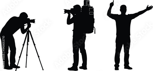 Camera crew silhouettes filming video, professional cameraman and director poses, media production concept, black vector illustration isolated white background design