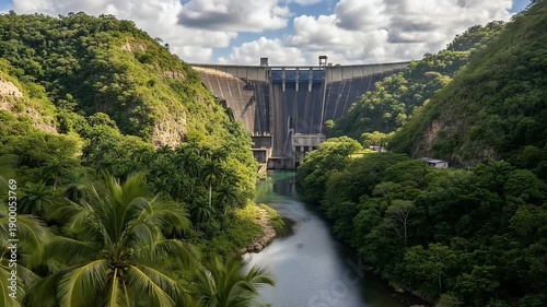 tropical dam amid lush green hills with palm trees and flowing river